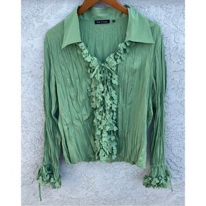 VNTG Y2K Sage Green Textured Blouse SZ XL 3D Petal Appliqué – Boho Fairycore